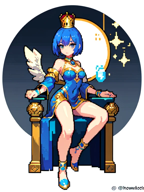(masterpiece, top quality, best quality), pixel,pixel art,1girl with big chest,blue hair,short hair,,godess suit,gold crown,sit on throne,cross legs,full body,