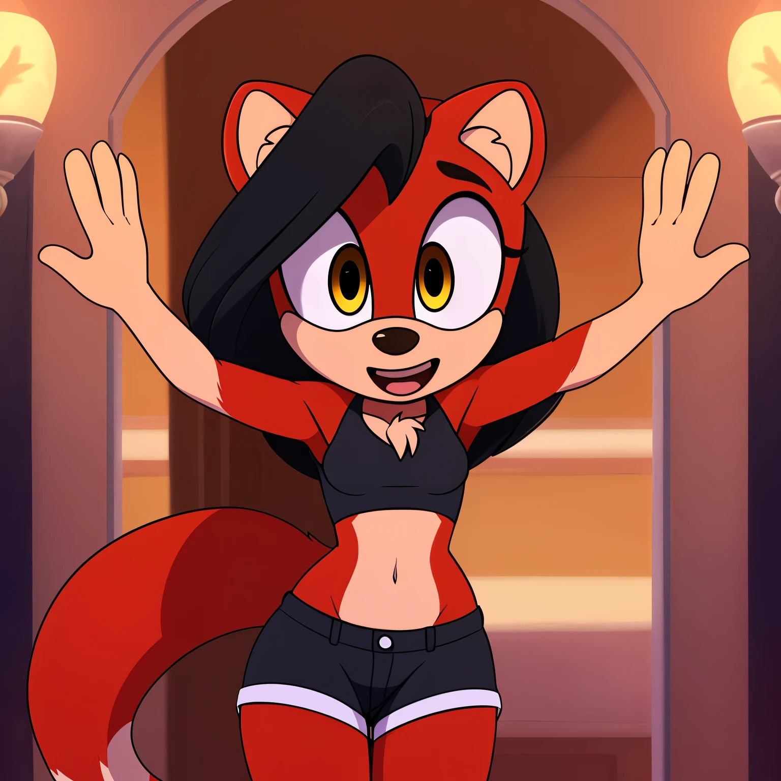 Seductive expression, 1girl, cute smile, anthro, furry, fur, fluffy fur, honey the cat, sonic (series), black hair, twintails, frilly hairbands, red bikini, black skirt, fishnet stockings, fishnet armwear, red boots, red hairband, (19 years), medium breast, thick thighs, solo, (nightclub), detailed, smug smile, half-closed eyes, looking at the viewer, arms above head, score_9, score_8_up, score_7_up, score_6_up, score_5_up, score_4_up