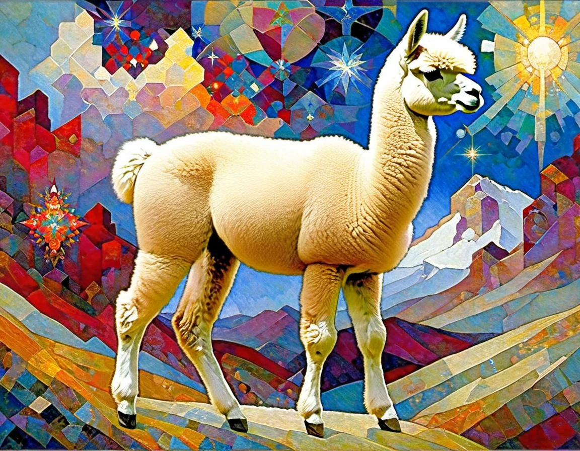 Alpaca ((Mikhail Vrubel style)), magic naive art, primitivism, protogen, crimson
, ((best quality, Masterpiece)), ((Highest detail)), RAW:1,1, 8k