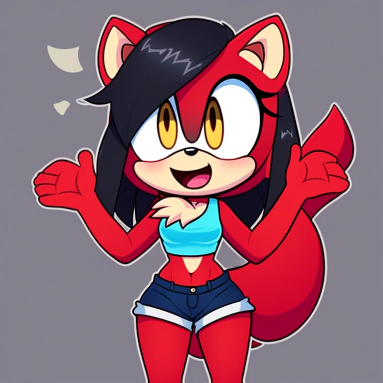 (mobian), solo, 1girl, (mobian marten, (red body fur, black hair):1.2), golden eyes, small breasts, , short girl, slim waist, chest tuft,
sticker, icon, open mouth, wide eyes, excited, playful, face focus, pov, arms out, hugging, shorts, crop top,