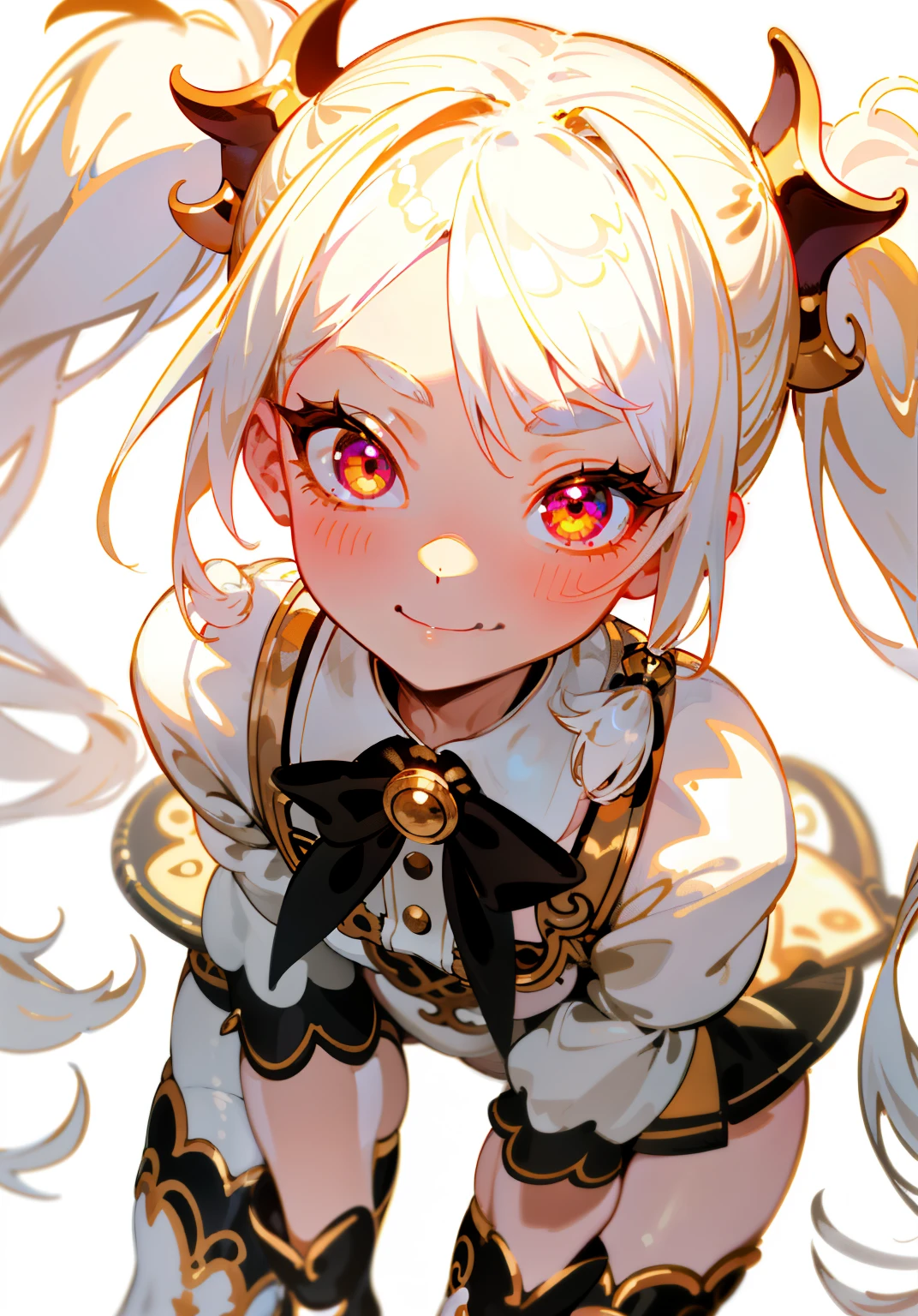 1GIRL, cute girl, finely detailed, (best quality), (intricate details), cute style, succubus style, succubus girl, multicolored, ((white hair in pigtails)), best quality, ((white and gold clothes )), ((thigh high socks)), ((round eyes)), beautiful face, happy eyes, cute face, pinup, perfect face, simple background portrait