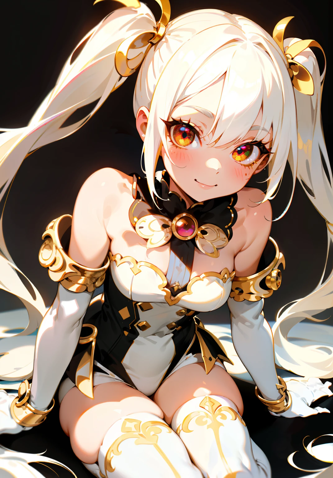 1GIRL, cute girl, finely detailed, (best quality), (intricate details), cute style, succubus style, succubus girl, multicolored, ((white hair in pigtails)), best quality, ((white and gold clothes )), ((thigh high socks)), ((round eyes)), beautiful face, happy eyes, cute face, pinup, perfect face, simple background portrait