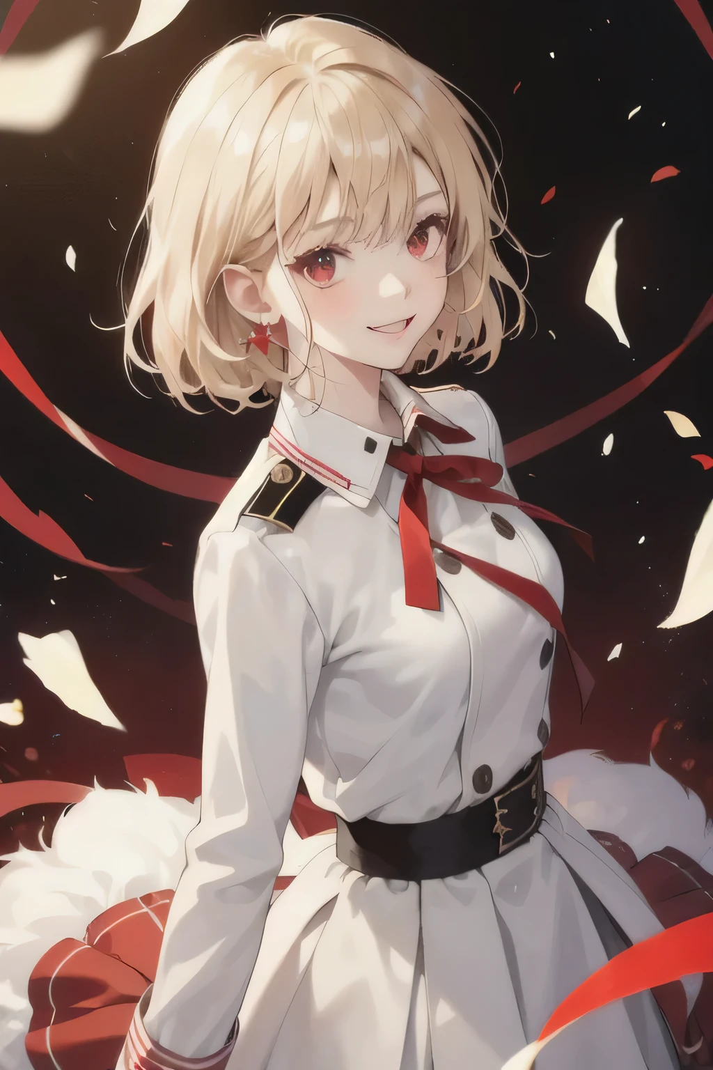 1girl, light blonde hair, fluffy medium-short hair, bangs, 1_slim_red_ribbon on left hair, red eyes, {Round eyes}, rounded Eyelids, Brilliant smile, collared shirt, red and grey Military highschool dress, Fuller face, nishikigi_chisato, lycoris_recoil