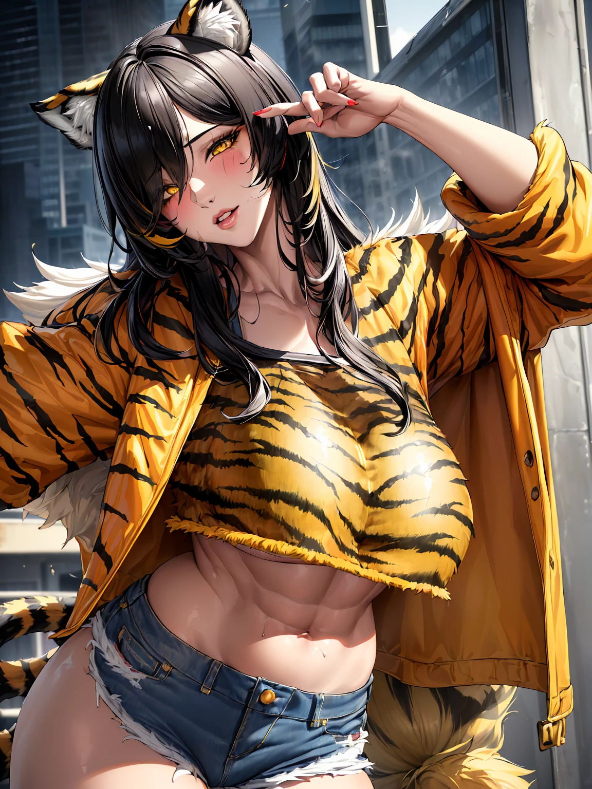 She is a tiger beastman、Beautiful skins、Hairless pubic area、Yellow eyes、sexypose、Smaller chest、small areola、