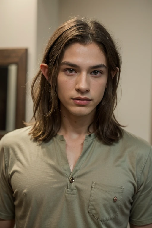 ((best quality)), ((masterpiece)), (detailed), perfect face, Male elf, half Asian half European, olive skin, 6ft tall, lean muscular, large dark eyes, high cheek bones, friendly, brown and blonde hair streaks, pointed ears, masculine, green shirt