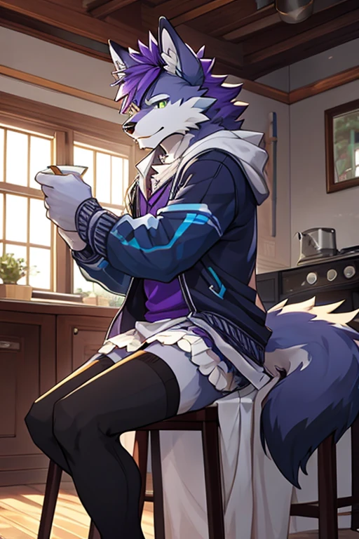 Male furry wolf character with white fur with gray, blue green and purple hair, wearing long striped stockings