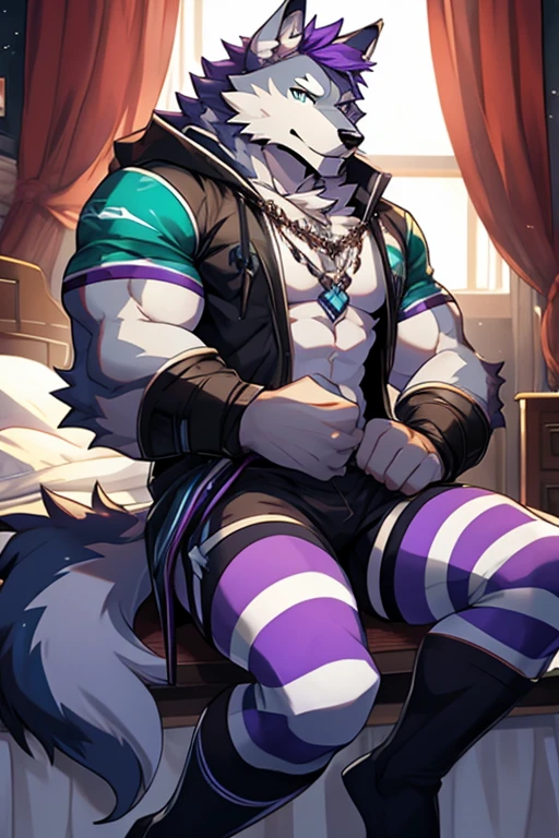 score_9,score_8_up,score_7_up, lynx, hybrid, furry art, long hair, hair over shoulder, shirtless, ((shota)), (purple fur), purple body, ((soft body)), fuzzy, one fang, purple eyes, solo focus, kemono, cute, ((eyeliner)), mascara, eyelashes, collar, kid, young, narrowed eyes, between legs, 3d, blender software, smug face, fullbody, floppy ears, navel, (muscular male), ((pecs)), abs, erect penis, view from below, nipples, hand on butt, nipple piercing, ear piercing, back view, (penis focus), lingerie, ((action pose)), shoulder tuft, chest tuft, excessive fluff, (chest fur), (neck fur), (neck tuft), belt, arm band, hands on hips, foreskin, bara,