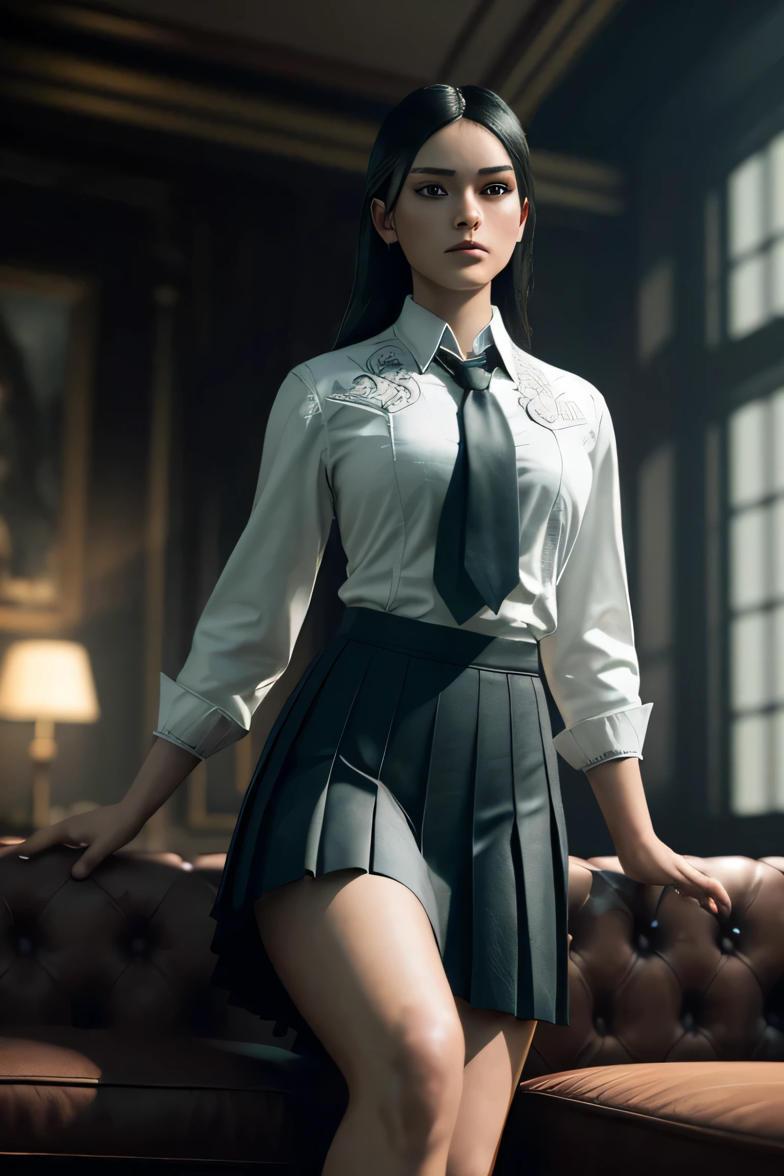 (masterpiece), (extremely intricate:1.3), (realistic), a girl, (dark fantasy, gore), (dynamic perspective), the most beautiful in the world, (kick viewers lightly), indoors, from below, shirt, tie, pleated skirt, smirk, on the couch, Aomori, Haifa, professional photograph of a stunning woman detailed, sharp focus, dramatic, award winning, cinematic lighting, octane render unreal engine, volumetrics dtx, (film grain, blurry background, blurry foreground, depth of field)