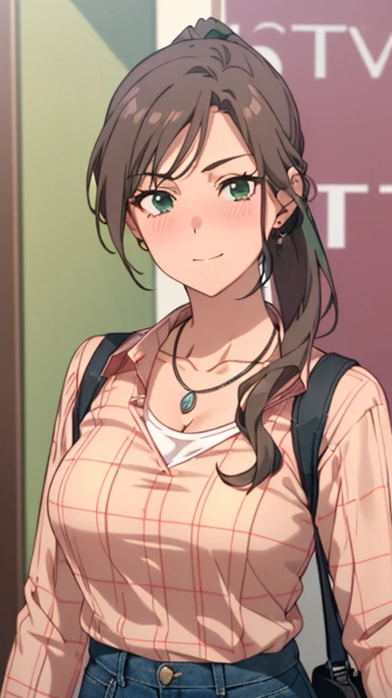 ((nsfw:1.2, masterpiece, best quality, high resolution, UHD, RTX, pixel perfect, depth of field, 4k, highly detailed))), 1girl, single, solo, beautiful anime girl, beautiful art style, anime character, ( (long hair, parted bangs, middle parted bangs, ponytail, dark red hair)), ((green eyes:1.4, round eyes, beautiful eyelashes, realistic eyes)), ((face details, blush:1.2)) , ((fine texture:0.75, realistic texture:0.65, photorealistic:1.1, CG anime style, bright color)), ((medium breasts, cleavage, busty)), dynamic angle, perfect body, (( POV, dynamic pose, close- up, looking at the viewer)), ((white t-shirt, red plaid shirt, long sleeves, black jeans, fashionable, single handbag, 1 diamond necklace)), shy smile, pouting, shy