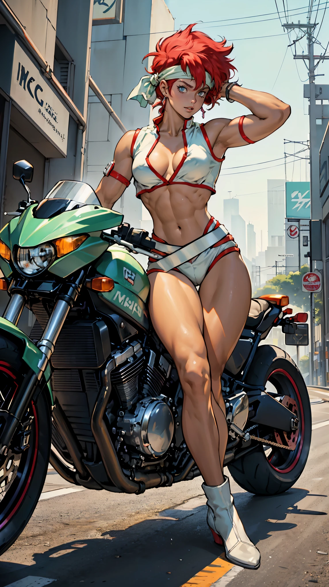 ((masterpiece, highest quality; 1.3)), super quality, Beautiful details, Very detailed, Ultra-fine, 16k, Exquisite, Abdominal musclesurd, High resolution, Beautiful background, Detailed Background, Beautiful Eyes, Beautiful Skin, Anime Style, (1 Female, solo), (Dirty Pair&#39;s Kei is speeding down the highway on a red Harley bike.), (Kei from Dirty Pair rides a motorcycle), (Kei from Dirty Pair is running wild on his bike), Dirty Pair&#39;s Kei is wearing a white high-waisted outfit, Cleavage, Bushy red-haired beauty, Fluttering Hair, White Uniform, Wear tight clothes, Skimpy, (Center of chest:1.2), Covered giant nipples, (Muscular body: 1.2), Abdominal muscles, six pack, oblique muscle, Muscular biceps, Hamstring, Slim Waist, Thin thighs, Thigh Gap, show your stomach, skinny, Thin Hips, Cyberpunk City Background BREAK Green Headband, emerald green headband