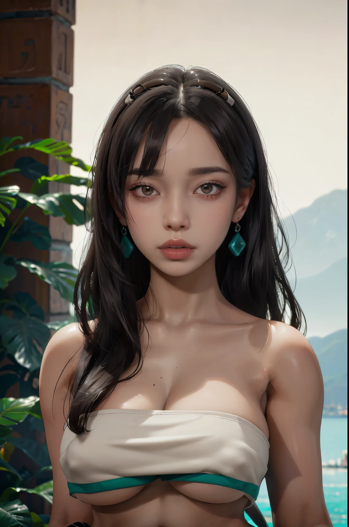 35 year old girl, ultra realistic, high res, highly detail, masterpiece, best quality, looking at viewer, chel_eldorado, G Cup, huge breast, (tube top,midriff, loincloth:1.2), close up head to breast shot