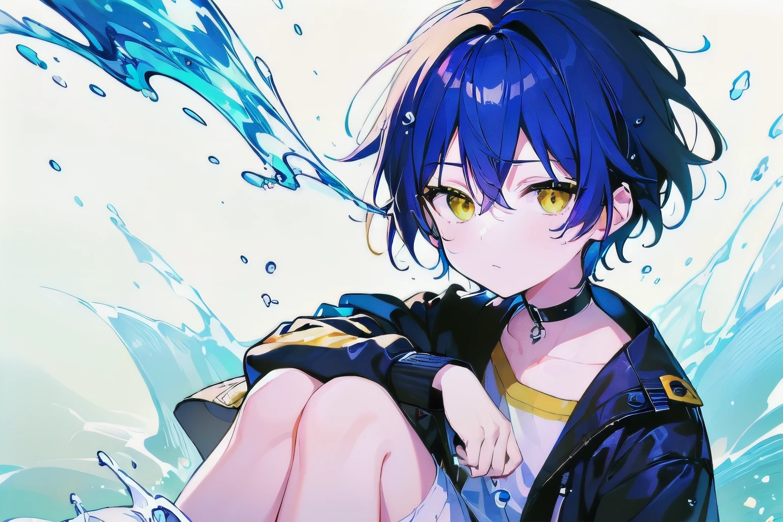 [(WHITE BACKGROUND:1.5),::5], ((((masterpiece)))), high quality, very_high_resolution, large_filesize, full color, ((younger boy)), 13 old year, short deepblue hair, vivid color, ((yellow eye)), civilian clothes white, anime, Below the knee to upper body, (Soda Splash effect:1.3)