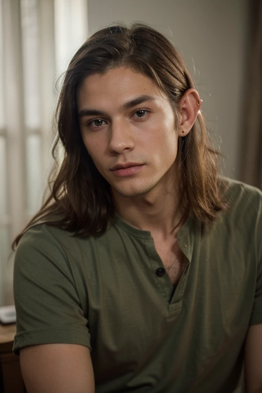 ((best quality)), ((masterpiece)), (detailed), perfect face, Male elf, half Asian half European, olive skin, 6ft tall, lean muscular, large long dark eyes, high cheek bones, friendly, brown and blonde hair streaks, pointed ears, masculine, mid length nose, green shirt