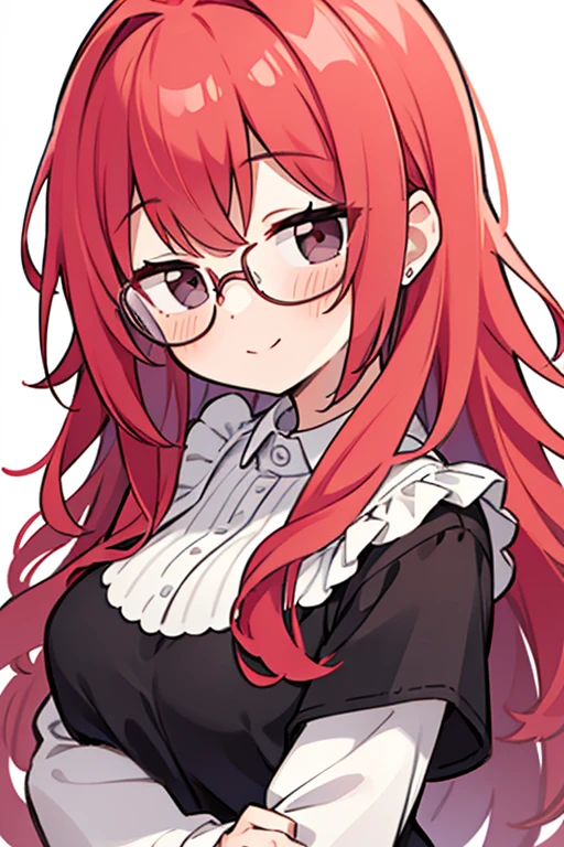 masterpiece,best quality, 1girl, glasses,pastel red hair, wavy hair,black eyes, smile, solo, closed mouth,looking at viewer, blush
