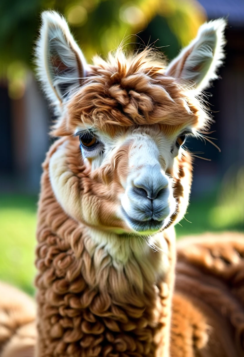 Alpaca a close up photo, very detailed fur, eating fruits