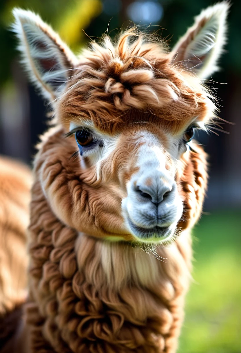 Alpaca a close up photo, very detailed fur, eating fruits