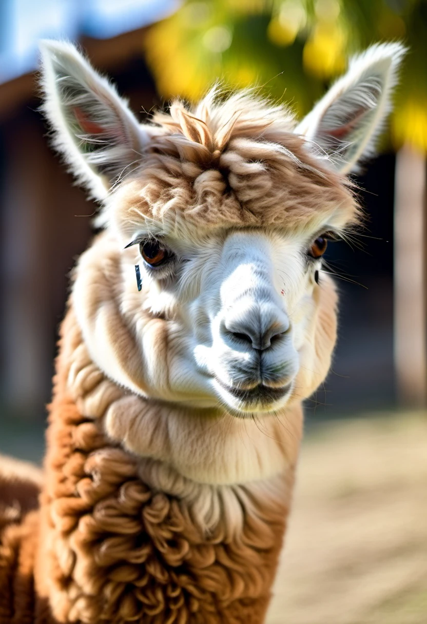 Alpaca a close up photo, very detailed fur, eating fruits