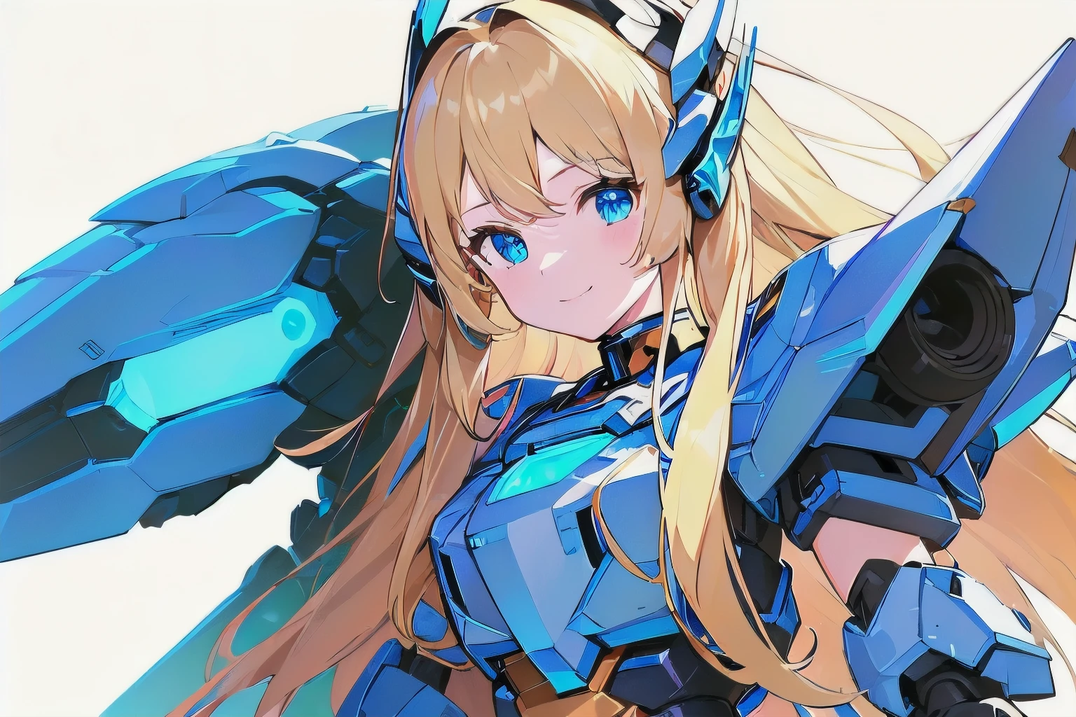 [(WHITE BACKGROUND:1.5),::5], masterpiece, absurdres, best quality, best aesthetic, ultra detailed, 1girl, solo, ((blond hair)), long hair, blue eyes, science fiction, (mecha musume:1.4), mechanical parts, headgear, v-fin, mechanical wing, mechanical Armor, smile face, ((neon light blue)), Below the knee to upper body, Anime style