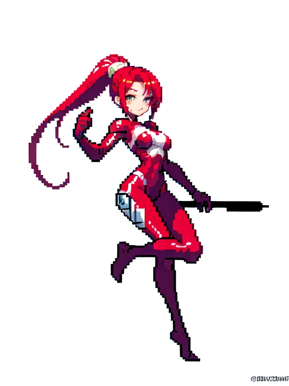 (masterpiece, top quality, best quality), pixel,pixel art,1girl with big chest,red hair,ponytail hair,,red cyborg suit,riding ,full body,