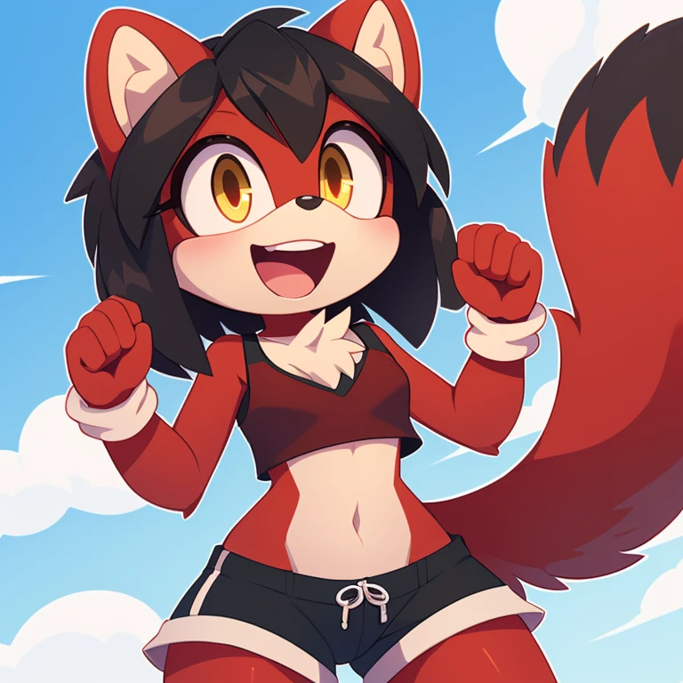 (mobian), solo, 1girl, (mobian marten, (red body fur, black hair):1.2), golden eyes, small breasts, , short girl, slim waist, chest tuft,
sticker, icon, open mouth, wide eyes, excited, playful, face focus, pov, arms out, hugging, shorts, crop top,

