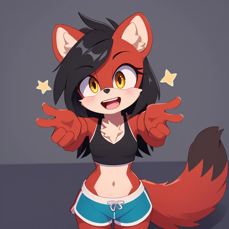 (mobian), solo, 1girl, (mobian marten, (red body fur, black hair):1.2), golden eyes, small breasts, , short girl, slim waist, chest tuft,
sticker, icon, open mouth, wide eyes, excited, playful, face focus, pov, arms out, hugging, shorts, crop top,