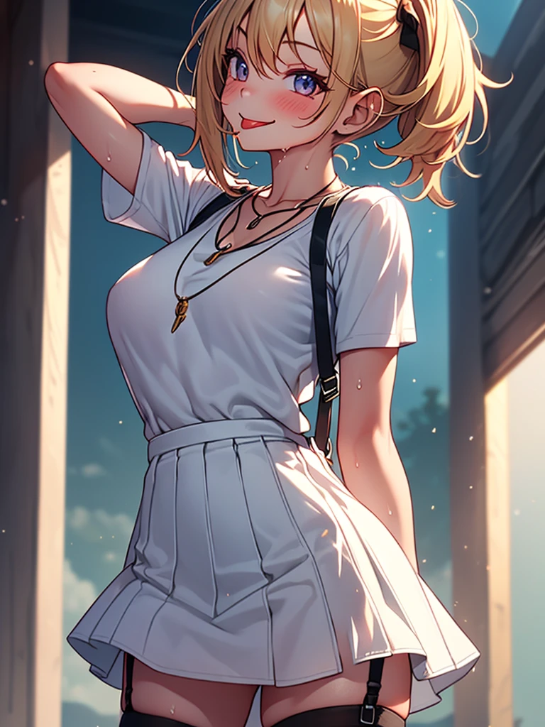 (highest quality, High resolution, perfect pixel, Depth of bounds written, 4K), detailed eyes, (1 girl), perfect body, medium breasts, blond hair, (side ponytail), white t-shirt, see through, (v-neck), (black suspender skirt), necklace, (kneehighs), (standing), leaning forward, (arm behind head:1.2), (arms behind back:1.2), (looking up), blush, seductive smile, tongue out, wet,