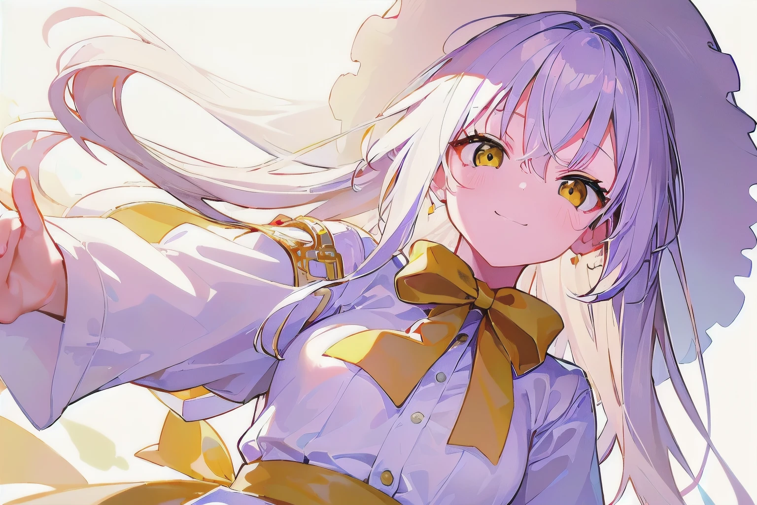 [(WHITE BACKGROUND:1.5),::5], ((((masterpiece)))), high quality, very_high_resolution, large_filesize, full color, breasts, from_below, focus on eyes, girl, young, , long hair, white hair, light smile, yellow eyes, white clothes, Anime style