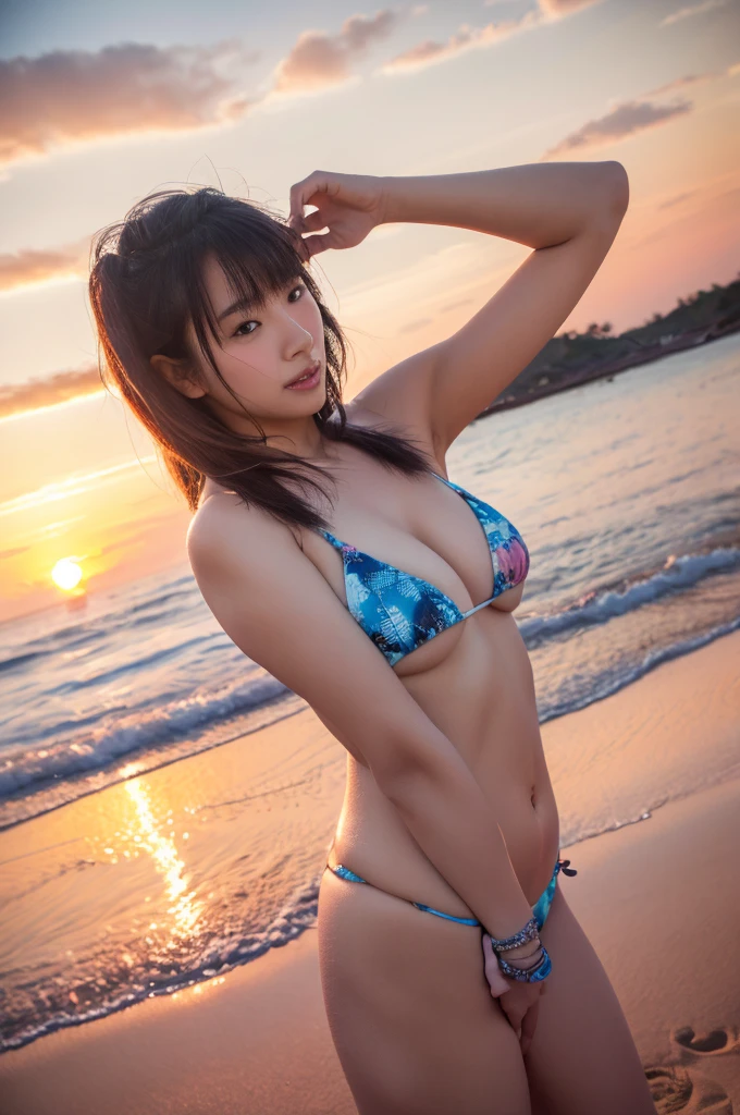 best quality, 8k, highly detailed face and skin texture, high resolution, cute asian girl in bikini stand on beach at sunset