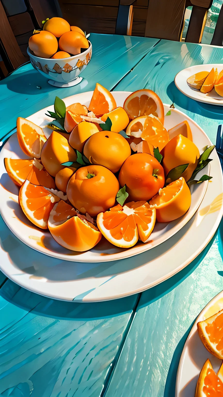 A plate of fresh oranges on a table