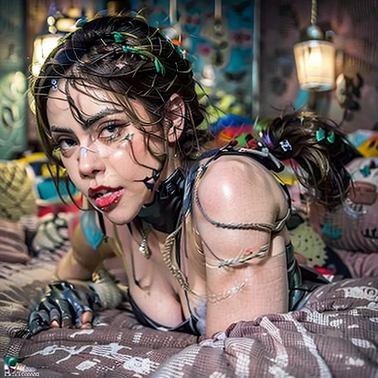 (masterpiece:1.2, Best Quality:1.2, full body shot), ((Selena gomez, super beautiful woman)), (Colossal tits:1.3, Huge boobs:1.3, Huge breasts:1.3, gigantic cleavage breasts:1.5), body wet, oily body, tangled uncombed hair, wild messy hair covering face, long hair bangs on face, black mascara smearing down face and breasts, black makeup smearing down face and breasts, (Detailed face, Detailed skin texture, Perfect slim body), (Full body shot: 1.1), Moaning in pain, feeling pain, tears flowing, sore, crying in pain, , screaming of pain, moaning harder, open mouth, mouth moaning, sexy moaning, face covered in white slime, body very sweaty, body very oily, small leather thong bikini, small leather underwear, lying on her back, wet skin and hair, 1girl, wide hips, Big , big ass, (Best Quality, 8k, Masterpiece: 1.3), Clear Focus: 1.2, Highly detailed face and skin texture, detailed eyes, double eyelids, (ponytails hair), ((she is tied to the bed with ropes :1.4)), small leather bra BDSM, bondage, nudity, (wear latex leotard and black stocking whit high heels), (in a erotic hotel room), (illuminated with neon lights)