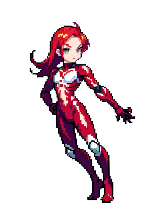 (masterpiece, top quality, best quality), pixel,pixel art,1girl with big chest,red hair,ponytail hair,,red cyborg suit,riding ,full body, 
 