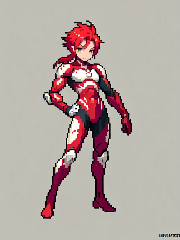 (masterpiece, top quality, best quality), pixel,pixel art,1man,red hair,mullet hair,,red cyborg suit,riding ,full body,