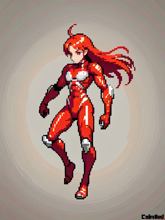 (masterpiece, top quality, best quality), pixel,pixel art,1man,red hair,mullet hair,,red cyborg suit,riding ,full body,