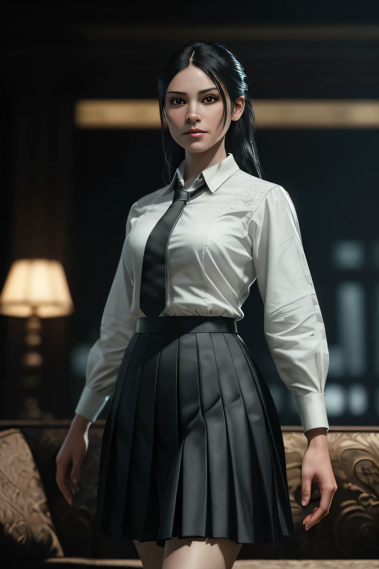 (masterpiece), (extremely intricate:1.3), (realistic), a girl, (dark fantasy, gore), (dynamic perspective), the most beautiful in the world, (kick viewers lightly), indoors, from below, shirt, tie, pleated skirt, smirk, on the couch, Aomori, Haifa, professional photograph of a stunning woman detailed, sharp focus, dramatic, award winning, cinematic lighting, octane render unreal engine, volumetrics dtx, (film grain, blurry background, blurry foreground, depth of field)
