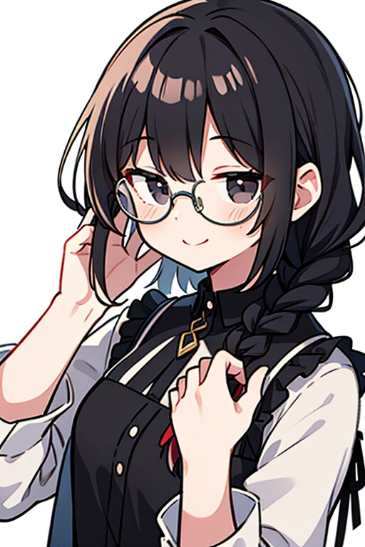 masterpiece,best quality, 1girl, glasses,black hair,medium hair,braid,black eyes, smile