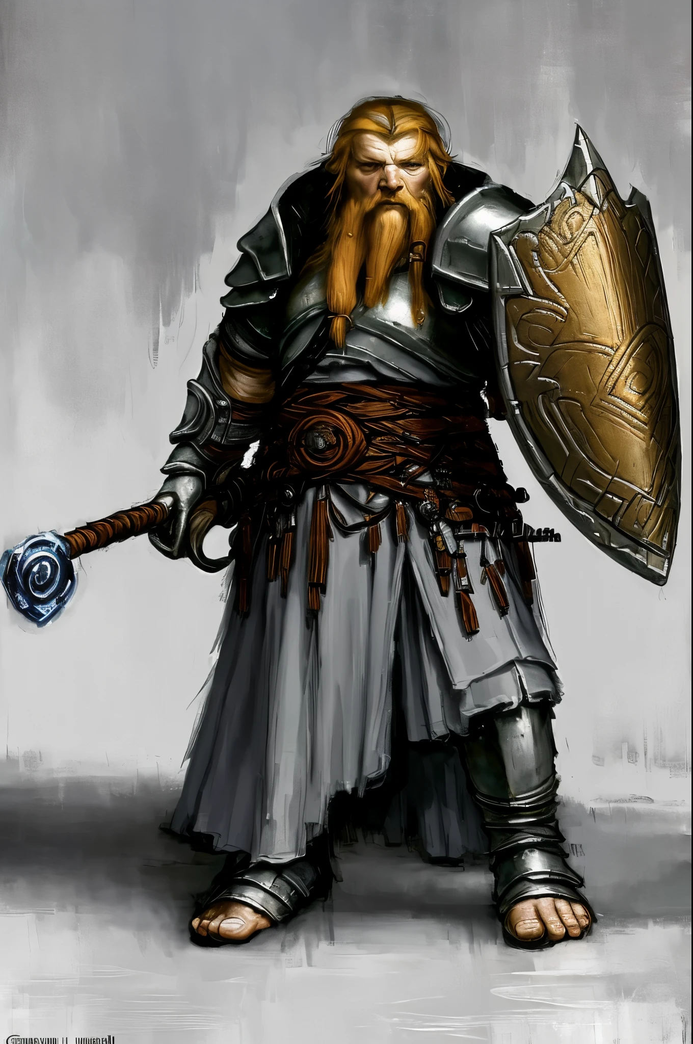 modelshoot style, (extremely detailed CG unity 8k wallpaper), full shot body photo of the most beautiful artwork in the world, short male (Dwarf), (cleric), cleric robe, fantasy medieval era, portrait painting by Titian, Rembrandt van Rijn, by Jeremy Mann, Greg Manchess, Antonio Moro, trending on ArtStation, trending on CGSociety, Intricate, High Detail, Sharp focus, dramatic, simple grey color background