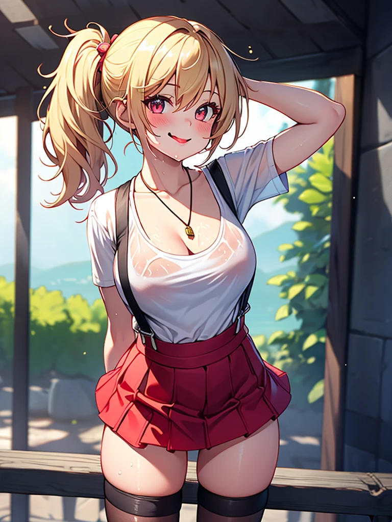 (highest quality, High resolution, perfect pixel, Depth of bounds written, 4K), detailed eyes, (1 girl), perfect body, medium breasts, blond hair, (side ponytail), white t-shirt, see through, (v-neck), (black suspender skirt), necklace, (kneehighs), (standing), leaning forward, (arm behind head:1.2), (arms behind back:1.2), (looking up), blush, seductive smile, tongue out, wet,