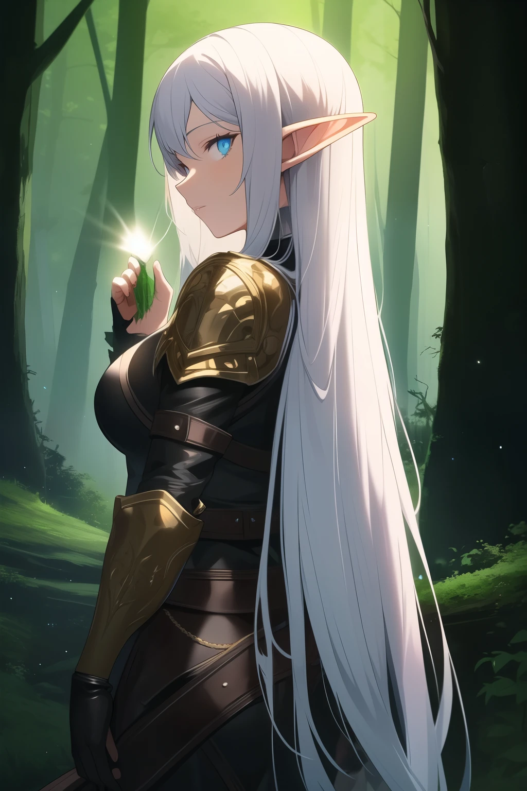 ((best quality)), ((masterpiece)), (detailed), perfect face, a sultry elf woman, in leather armour, her long silver hair cascading down her back as she holds a glowing artefact in her hand, (Long shot), Fantasy, Night time, ruins in a forest background, creepy atmosphere, sensitive