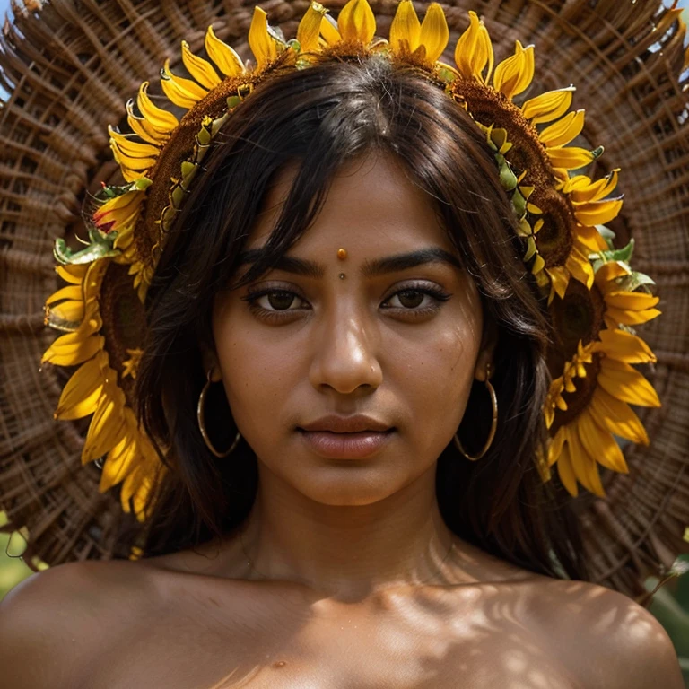 (best quality,realistic:1.37),topless Indian woman,deep gaze,beautiful sunflowers,detailed facial features,majestic atmosphere,vibrant colors,serene lighting,traditional art style,natural beauty,wild and untamed and sunflower
