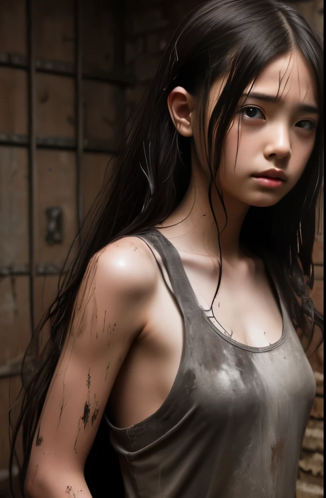 Dirty Dungeon, Steel Dress, Crying face, shy, (Wet and dirty extra long hair), Slave, Detained, Chained, Dirty white tank top Photorealistic No makeup