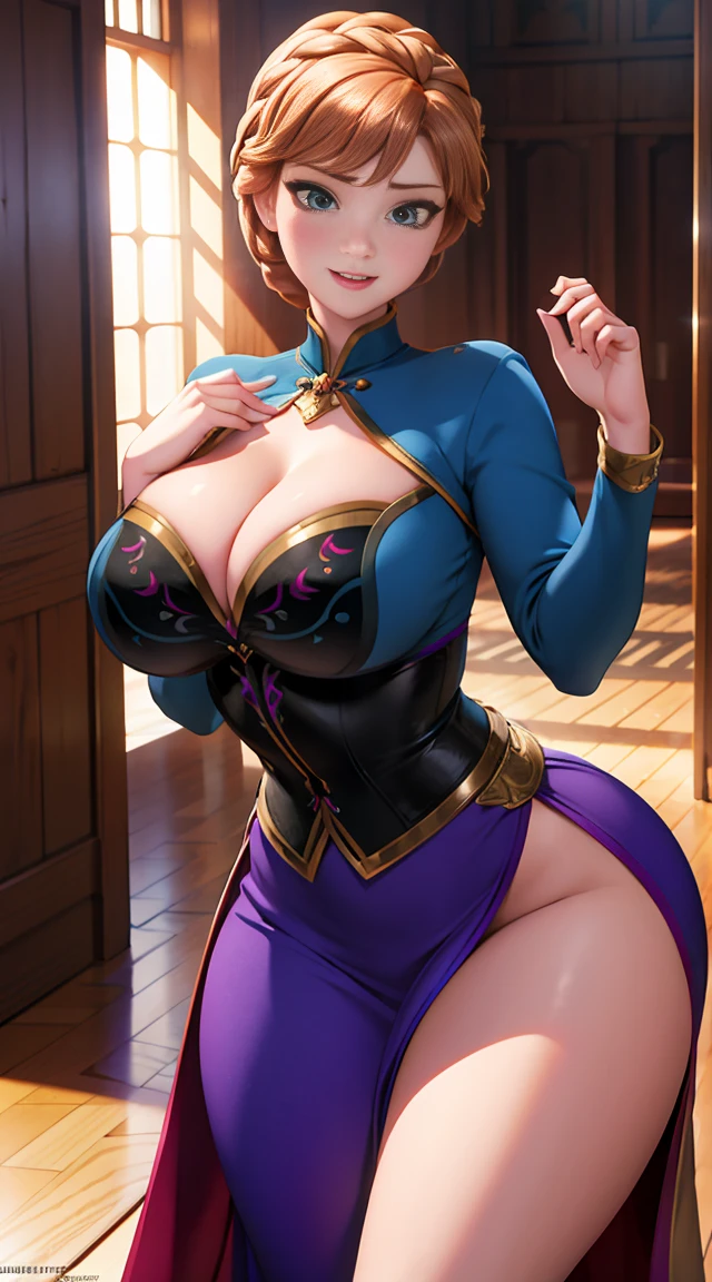 Photo of Anna of Arendelle, Anna from Disney Frozen movie, tall and sexy, superb face, perfect body, provocative, Nice, show breasts, huge breasts, tall, sexy legs, bursting huge breasts, wide hips, busty, sexy, enormous breasts, happy.