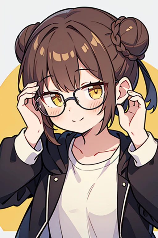 masterpiece,best quality, 1girl, glasses,brown hair, one bun hair,yellow eyes, smile, solo, closed mouth,looking at viewer, blush