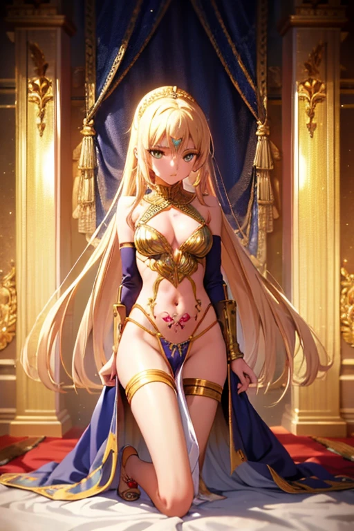 Altria，kneeling,female Pharaoh，very pretty and charming，low-cut，Navel exposed suit，Chest revealing clothing，A haughty expression，crotch tattoo，Kneeling on the bed，crotch tattoo，crotch tattoo，，Cleavage，Gold headwear