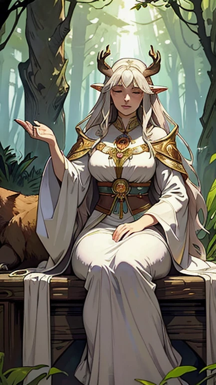 (Tarot cards:1), High Priestess, the (Bear eared Goddess), Long white robe, art, (Alphonse Mucha:1), Illustrate sleepy Ursala surrounded by a diverse array of forest creatures – deer, owls, foxes, etc. – all peaceful and coexisting. This scene highlights her ability to foster harmony and balance within the wilderness.