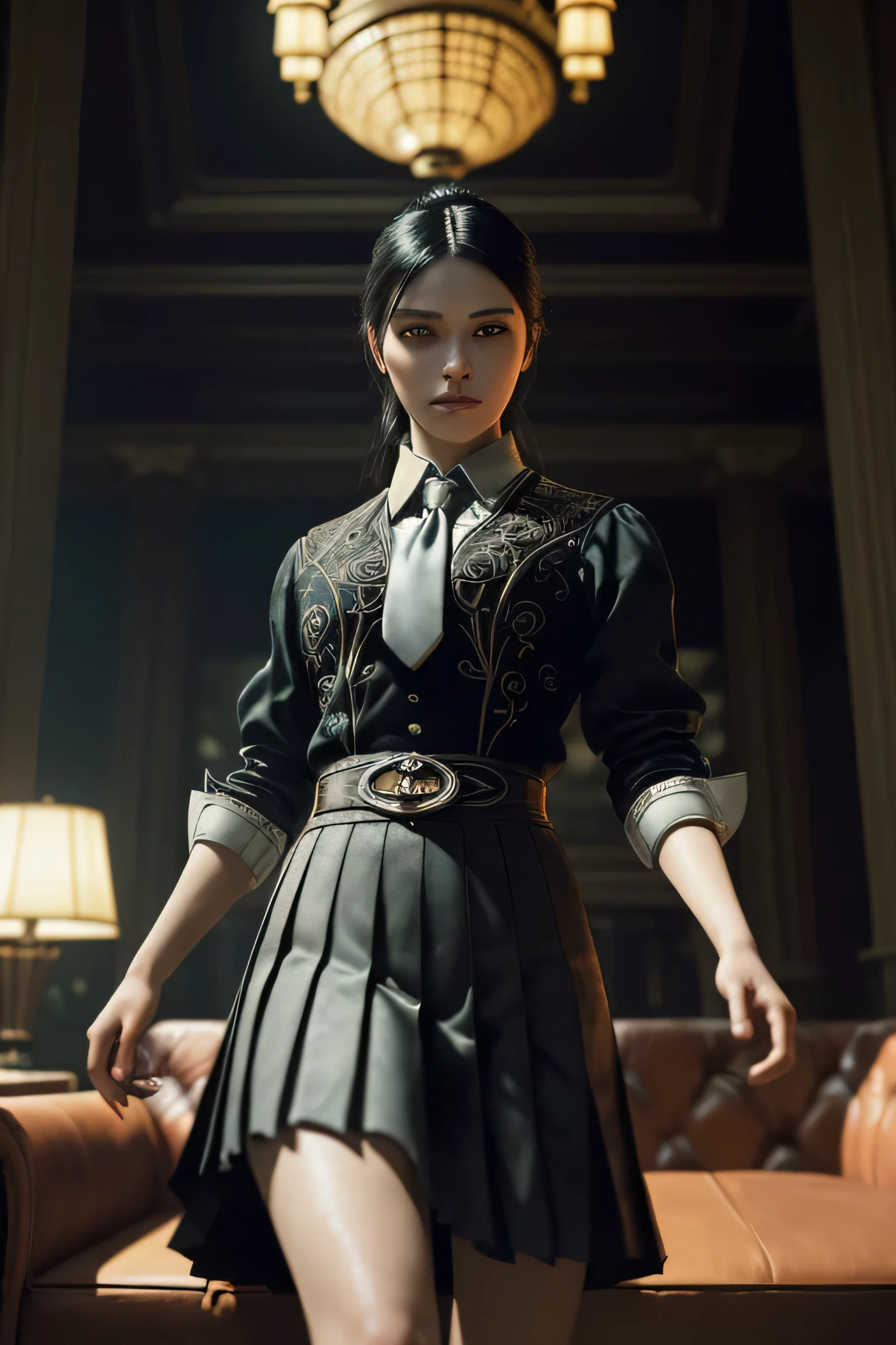 (masterpiece), (extremely intricate:1.3), (realistic), a girl, (dark fantasy, gore), (dynamic perspective), the most beautiful in the world, (kick viewers lightly), indoors, from below, shirt, tie, pleated skirt, smirk, couch, Aomori, Haifa, professional photograph of a stunning woman detailed, sharp focus, dramatic, award winning, cinematic lighting, octane render unreal engine, volumetrics dtx, (film grain, blurry background, blurry foreground, depth of field)