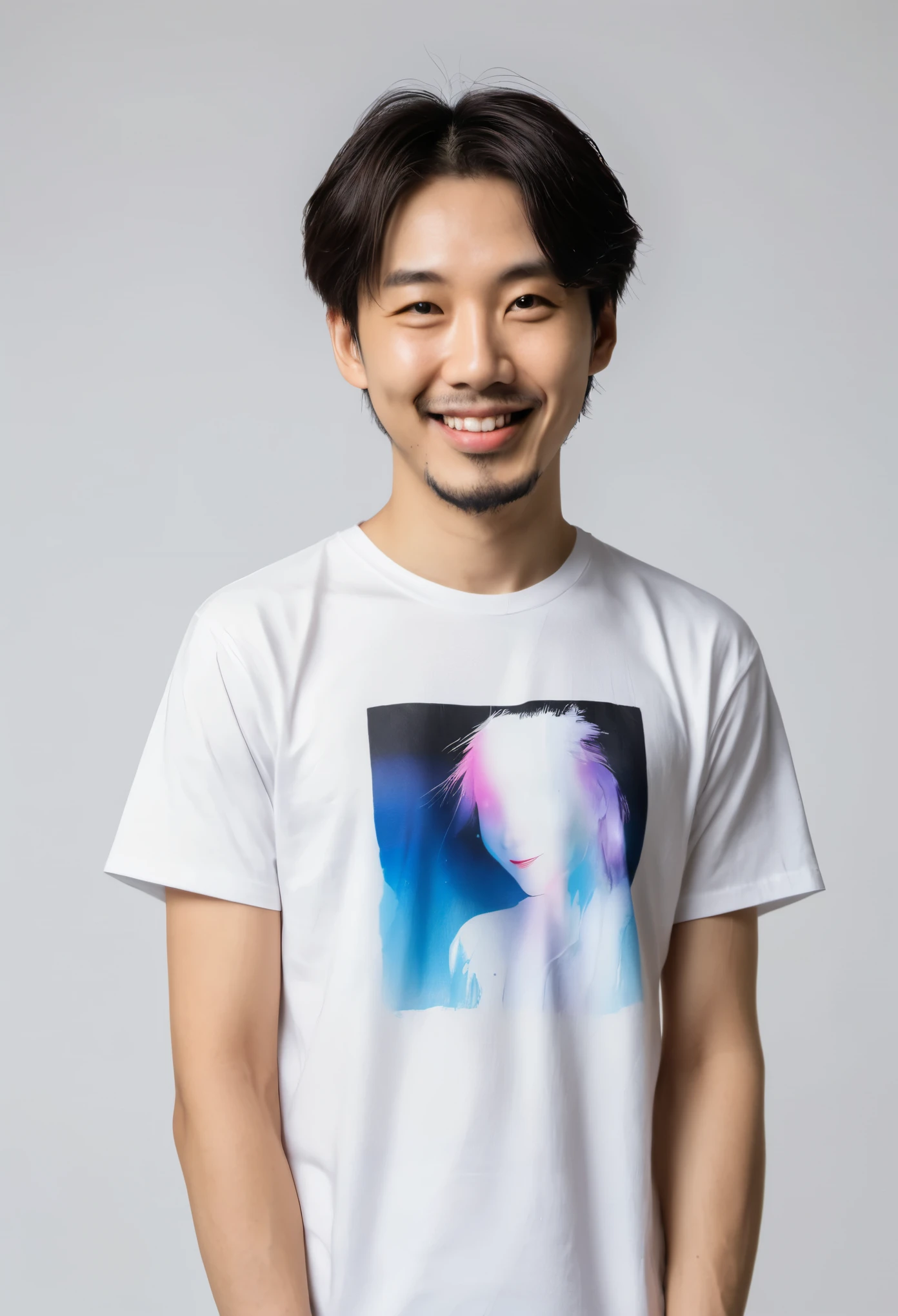 A young man model is wearing a White solid color T-shirt Smile. The T-shirt has no pattern. The T-shirt is fully displayed. Frontal photo. by Shinoda Toko, style of hajime sorayama, acrylic and spraypaint, fine details. clear background,


