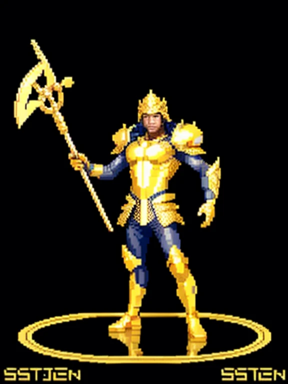 (masterpiece, top quality, best quality), pixel,pixel art,1man,zeus,hold harpoon,gold crown,gold armor,gold suit,lighting background ,full body,