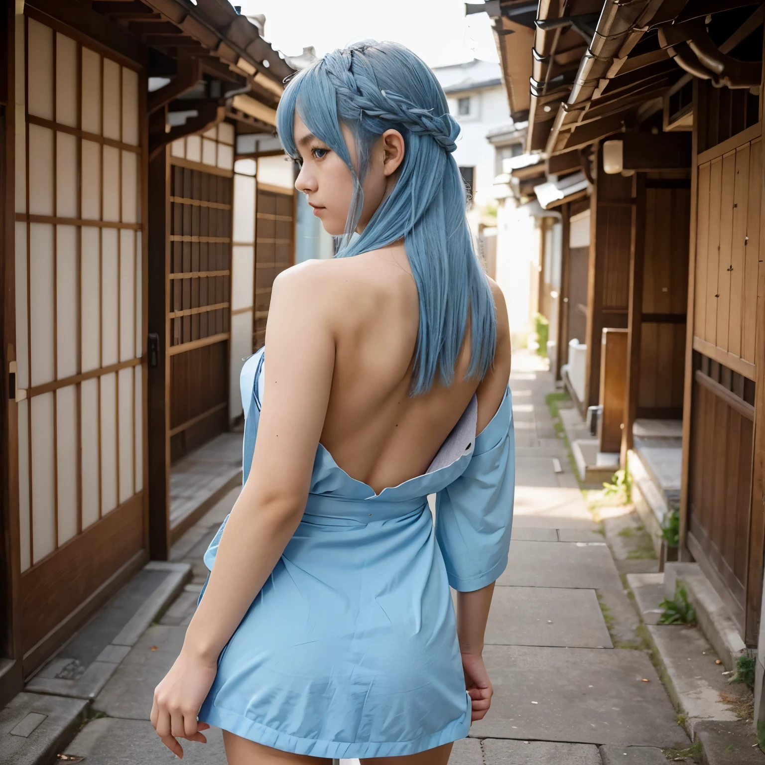 A anime high school girl, wear sexy kimono, short kimono, bare arms, bare back, bare shoulder, walking, long hair, light blue hair, look at viewer, blue eyes