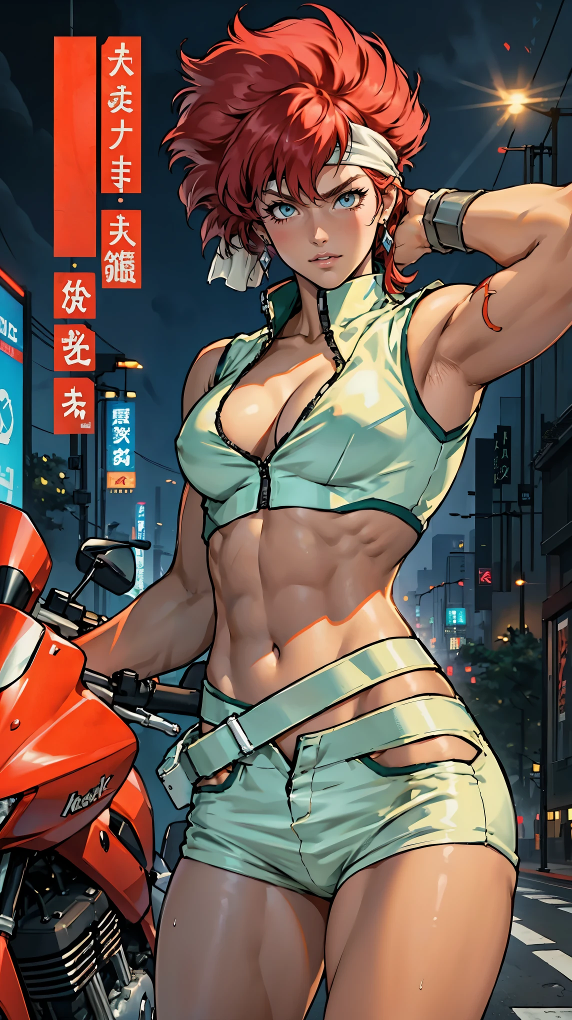 ((masterpiece, highest quality; 1.3)), super quality, Beautiful details, Very detailed, Ultra-fine, 16k, Exquisite, Abdominal musclesurd, High resolution, Beautiful background, Detailed Background, Beautiful Eyes, Beautiful Skin, Anime Style, (1 Female, solo), (赤ハーレーバイクに乗ってhighwayを疾走しているダーティペアのケイ), (Kei from Dirty Pair rides a motorcycle), (Dirty Pair&#39;s Kei is riding a motorcycle), (Kei from Dirty Pair is running wild on his bike), Dirty Pair&#39;s Kei is wearing a white high-waisted outfit, Cleavage, Bushy red-haired beauty, Fluttering Hair, White Uniform, Wear tight clothes, Skimpy, (Center of chest:1.2), Covered giant nipples, (Muscular body: 1.2), Abdominal muscles, six pack, oblique muscle, Muscular biceps, Hamstring, Slim Waist, Thin thighs, Thigh Gap, show your stomach, skinny, Thin Hips, highway, Cyberpunk City Background BREAK Green Headband, emerald green headband BREAK red Harley bike