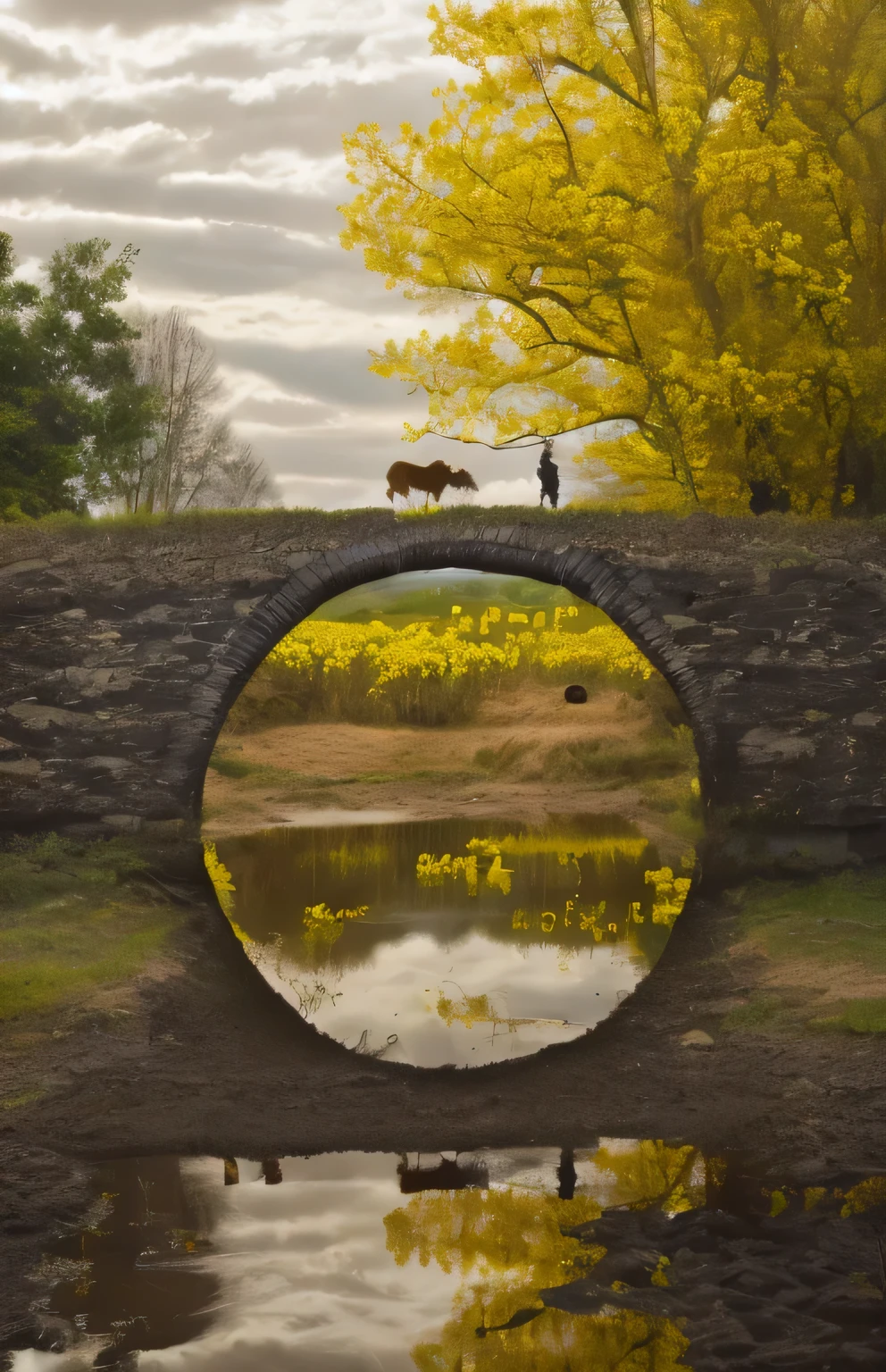 Landscape photography, single hole stone bridge reflected in the water, (an old farmer holding a yellow ox on the stone bridge: 1.5), (the bridge hole looks like a distant rapeseed flower field: 1.2), (drizzle), (mist), homesickness, super realism, super details, super image quality, Fuji medium frame camera, 24-70 lenses, F8 aperture, raw, 8k, National Geographic magazine, award-winning work